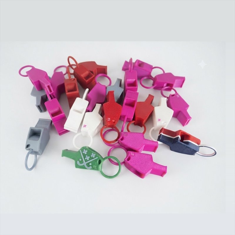 3D-geprinte scheidsrechtersfluitjes in diverse kleuren, waaronder met clublogo